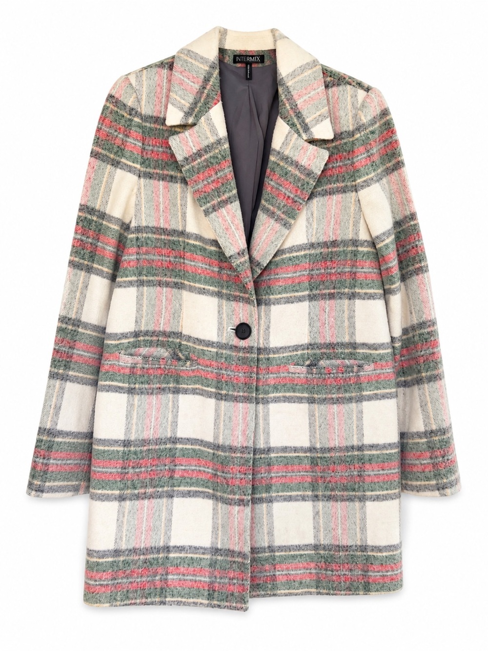 Intermix Cream Plaid Single-Button Wool Blend Coat- Size Small